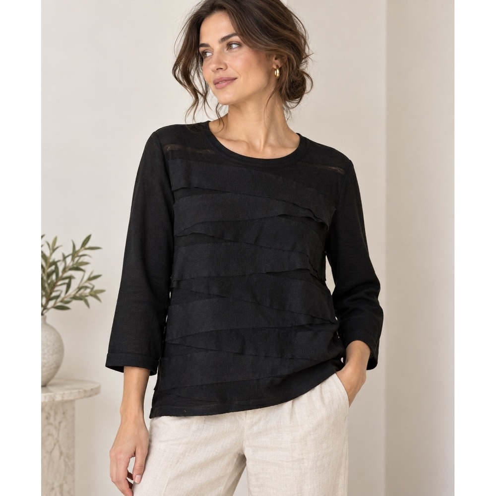 Doncaster Linen Blend Knit Top M Black Ribbon Layered 3/4 Sleeve Quiet Luxury